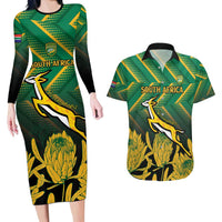 South Africa Rugby Custom Couples Matching Long Sleeve Bodycon Dress and Hawaiian Shirt Forever Green Forever Gold