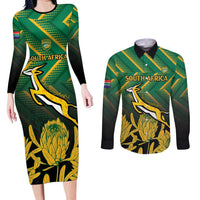South Africa Rugby Custom Couples Matching Long Sleeve Bodycon Dress and Long Sleeve Button Shirt Forever Green Forever Gold