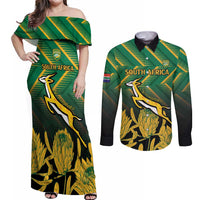 South Africa Rugby Custom Couples Matching Off Shoulder Maxi Dress and Long Sleeve Button Shirt Forever Green Forever Gold