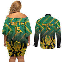 South Africa Rugby Custom Couples Matching Off Shoulder Short Dress and Long Sleeve Button Shirt Forever Green Forever Gold