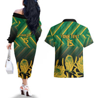 South Africa Rugby Custom Couples Matching Off The Shoulder Long Sleeve Dress and Hawaiian Shirt Forever Green Forever Gold