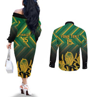 South Africa Rugby Custom Couples Matching Off The Shoulder Long Sleeve Dress and Long Sleeve Button Shirt Forever Green Forever Gold