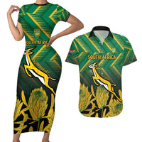 South Africa Rugby Custom Couples Matching Short Sleeve Bodycon Dress and Hawaiian Shirt Forever Green Forever Gold
