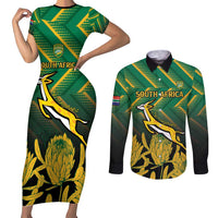 South Africa Rugby Custom Couples Matching Short Sleeve Bodycon Dress and Long Sleeve Button Shirt Forever Green Forever Gold
