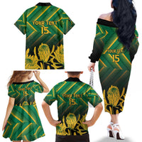 South Africa Rugby Custom Family Matching Off The Shoulder Long Sleeve Dress and Hawaiian Shirt Forever Green Forever Gold