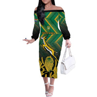 South Africa Rugby Custom Family Matching Off The Shoulder Long Sleeve Dress and Hawaiian Shirt Forever Green Forever Gold