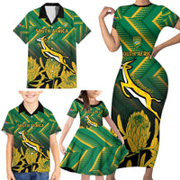 South Africa Rugby Custom Family Matching Short Sleeve Bodycon Dress and Hawaiian Shirt Forever Green Forever Gold