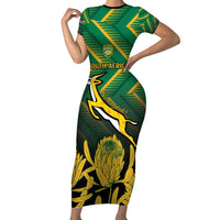 South Africa Rugby Custom Short Sleeve Bodycon Dress Forever Green Forever Gold