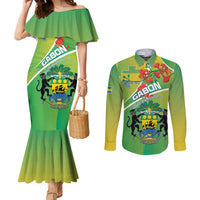 Personalized Gabon Independence Day Couples Matching Mermaid Dress and Long Sleeve Button Shirt Coat Of Arms With Map - Wonder Print Shop