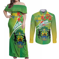Personalized Gabon Independence Day Couples Matching Off Shoulder Maxi Dress and Long Sleeve Button Shirt Coat Of Arms With Map - Wonder Print Shop