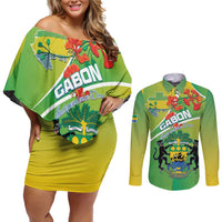 Personalized Gabon Independence Day Couples Matching Off Shoulder Short Dress and Long Sleeve Button Shirt Coat Of Arms With Map - Wonder Print Shop