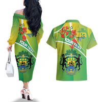Personalized Gabon Independence Day Couples Matching Off The Shoulder Long Sleeve Dress and Hawaiian Shirt Coat Of Arms With Map - Wonder Print Shop