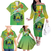 Personalized Gabon Independence Day Family Matching Off The Shoulder Long Sleeve Dress and Hawaiian Shirt Coat Of Arms With Map - Wonder Print Shop