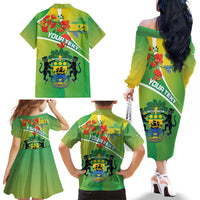 Personalized Gabon Independence Day Family Matching Off The Shoulder Long Sleeve Dress and Hawaiian Shirt Coat Of Arms With Map - Wonder Print Shop