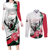 Personalized Sudan Couples Matching Long Sleeve Bodycon Dress and Long Sleeve Button Shirt Sudanese Secretary Bird With Hibiscus - Wonder Print Shop