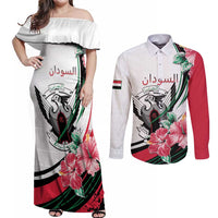 Personalized Sudan Couples Matching Off Shoulder Maxi Dress and Long Sleeve Button Shirt Sudanese Secretary Bird With Hibiscus - Wonder Print Shop