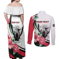 Personalized Sudan Couples Matching Off Shoulder Maxi Dress and Long Sleeve Button Shirt Sudanese Secretary Bird With Hibiscus - Wonder Print Shop