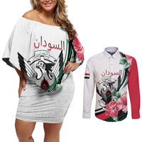 Personalized Sudan Couples Matching Off Shoulder Short Dress and Long Sleeve Button Shirt Sudanese Secretary Bird With Hibiscus - Wonder Print Shop