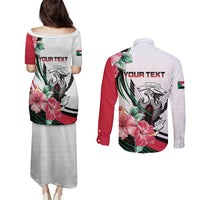 Personalized Sudan Couples Matching Puletasi and Long Sleeve Button Shirt Sudanese Secretary Bird With Hibiscus - Wonder Print Shop
