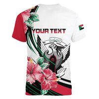 Personalized Sudan Women V-Neck T-Shirt Sudanese Secretary Bird With Hibiscus - Wonder Print Shop