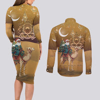 Morocco Christmas in Sahara Couples Matching Long Sleeve Bodycon Dress and Long Sleeve Button Shirt Black Santa Riding Camel - Wonder Print Shop