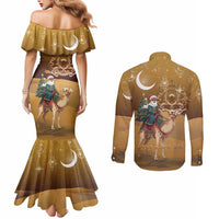 Morocco Christmas in Sahara Couples Matching Mermaid Dress and Long Sleeve Button Shirt Black Santa Riding Camel - Wonder Print Shop