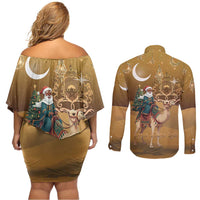 Morocco Christmas in Sahara Couples Matching Off Shoulder Short Dress and Long Sleeve Button Shirt Black Santa Riding Camel - Wonder Print Shop