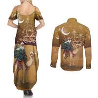 Morocco Christmas in Sahara Couples Matching Summer Maxi Dress and Long Sleeve Button Shirt Black Santa Riding Camel - Wonder Print Shop