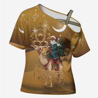 Morocco Christmas in Sahara Cross Shoulder Shirt Black Santa Riding Camel - Wonder Print Shop