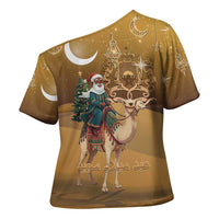 Morocco Christmas in Sahara Cross Shoulder Shirt Black Santa Riding Camel - Wonder Print Shop