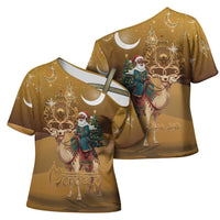 Morocco Christmas in Sahara Cross Shoulder Shirt Black Santa Riding Camel - Wonder Print Shop