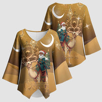Morocco Christmas in Sahara Kimono Sleeve Blouse Black Santa Riding Camel - Wonder Print Shop