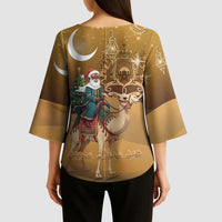 Morocco Christmas in Sahara Kimono Sleeve Blouse Black Santa Riding Camel - Wonder Print Shop