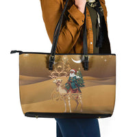 Morocco Christmas in Sahara Leather Tote Bag Black Santa Riding Camel - Wonder Print Shop