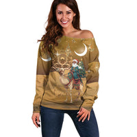 Morocco Christmas in Sahara Off Shoulder Sweater Black Santa Riding Camel - Wonder Print Shop