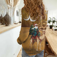 Morocco Christmas in Sahara Women Casual Shirt Black Santa Riding Camel - Wonder Print Shop