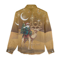 Morocco Christmas in Sahara Women Casual Shirt Black Santa Riding Camel - Wonder Print Shop