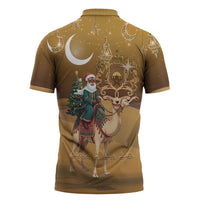 Morocco Christmas in Sahara Zipper Polo Shirt Black Santa Riding Camel - Wonder Print Shop