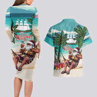 Liberia Christmas Couples Matching Long Sleeve Bodycon Dress and Hawaiian Shirt Santa Chill on Tropical Beach - Wonder Print Shop