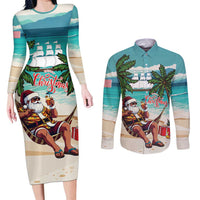 Liberia Christmas Couples Matching Long Sleeve Bodycon Dress and Long Sleeve Button Shirt Santa Chill on Tropical Beach - Wonder Print Shop