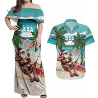 Liberia Christmas Couples Matching Off Shoulder Maxi Dress and Hawaiian Shirt Santa Chill on Tropical Beach - Wonder Print Shop