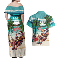 Liberia Christmas Couples Matching Off Shoulder Maxi Dress and Hawaiian Shirt Santa Chill on Tropical Beach - Wonder Print Shop