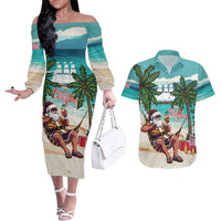 Liberia Christmas Couples Matching Off The Shoulder Long Sleeve Dress and Hawaiian Shirt Santa Chill on Tropical Beach - Wonder Print Shop