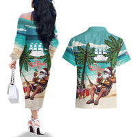 Liberia Christmas Couples Matching Off The Shoulder Long Sleeve Dress and Hawaiian Shirt Santa Chill on Tropical Beach - Wonder Print Shop