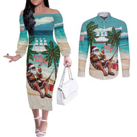Liberia Christmas Couples Matching Off The Shoulder Long Sleeve Dress and Long Sleeve Button Shirt Santa Chill on Tropical Beach - Wonder Print Shop