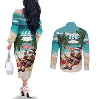 Liberia Christmas Couples Matching Off The Shoulder Long Sleeve Dress and Long Sleeve Button Shirt Santa Chill on Tropical Beach - Wonder Print Shop