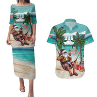 Liberia Christmas Couples Matching Puletasi and Hawaiian Shirt Santa Chill on Tropical Beach - Wonder Print Shop