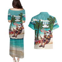 Liberia Christmas Couples Matching Puletasi and Hawaiian Shirt Santa Chill on Tropical Beach - Wonder Print Shop