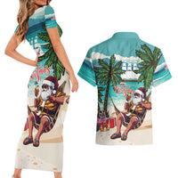 Liberia Christmas Couples Matching Short Sleeve Bodycon Dress and Hawaiian Shirt Santa Chill on Tropical Beach - Wonder Print Shop