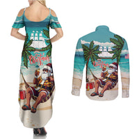 Liberia Christmas Couples Matching Summer Maxi Dress and Long Sleeve Button Shirt Santa Chill on Tropical Beach - Wonder Print Shop